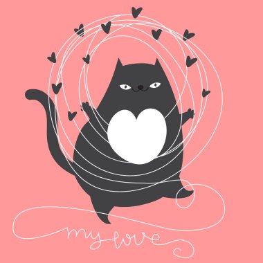 Karışık iplik ile şirin kedi doodle. Tipografi metin aşkım. Modern sanat Gösterim amacıyla St Sevgililer günü kartları, Romantik, aşk tasarım.