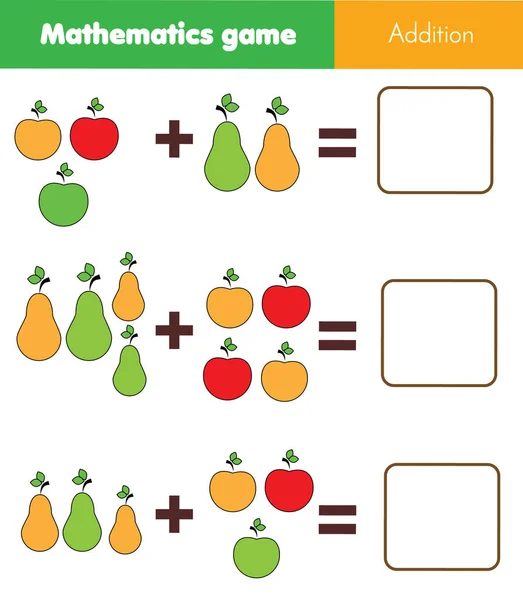 Mathematik Lernspiel Für Kinder Zählgleichungen Arbeitsblatt Mit Früchten — Stockvektor