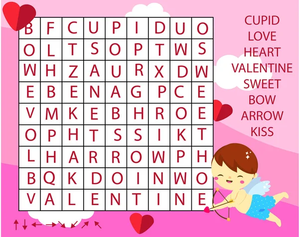 子供の教育的なゲーム 単語の検索のパズルは子供の活動です 聖バレンタインの日テーマ語彙学習 — ストックベクタ