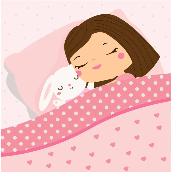 バニーのおもちゃで眠っているかわいい女の子 甘い夢を持つベッドの漫画の子供 赤ちゃんの就寝時間 — ストックベクタ