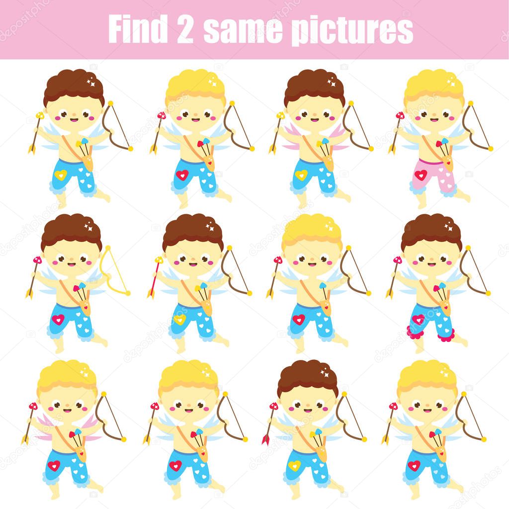children educational game. Find the same pictures. Find two identical Cupid boys. St Valentines day theme fun for kids and toddlers.