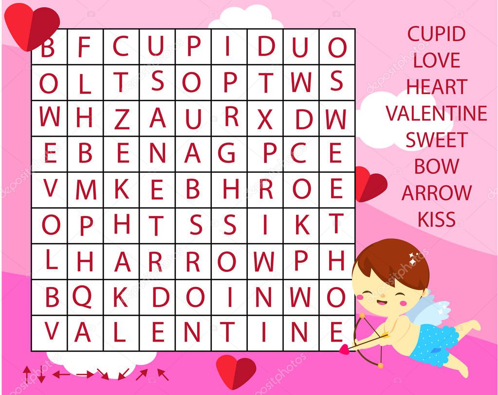 Educational game for children. Word search puzzle kids activity. St Valentines day theme theme learning vocabulary.