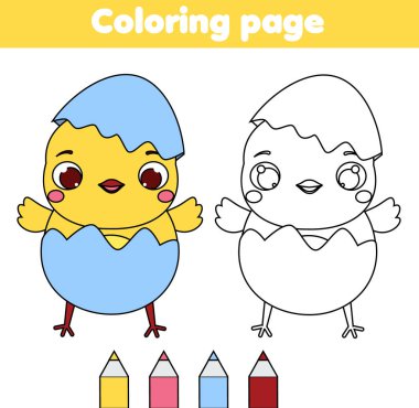 Çizgi film tavuk ile boyama sayfası. Çizim kids hareket. Küçük bebekler ve çocuklar için yazdırılabilir eğlenceli. Paskalya Tema