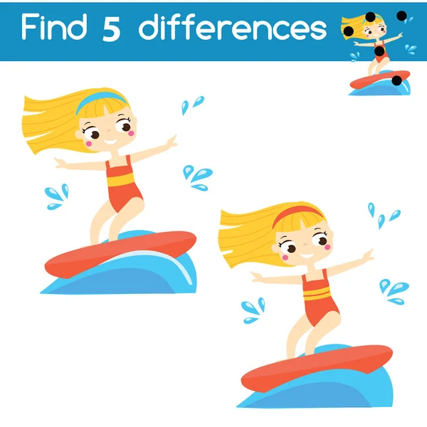 Encuentra Las Diferencias Juego Niños Educacionales Niño Disfrazado Conejo Surf — Vector de stock