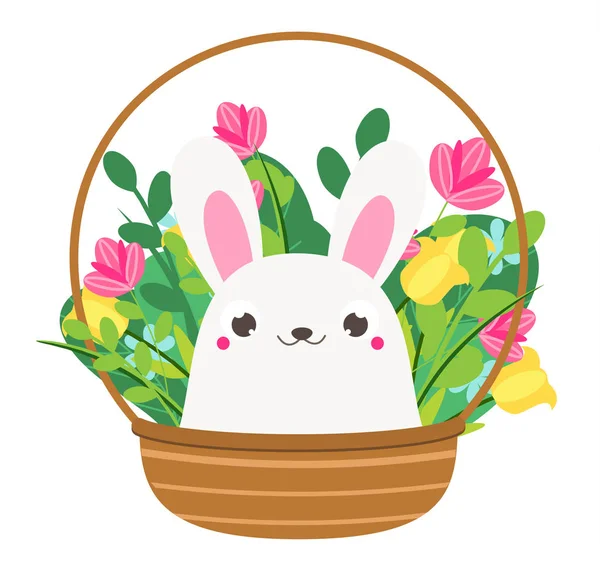 Lindo Conejito Flores Conejo Dibujos Animados Sentado Cesta Ilustración Vectorial — Vector de stock