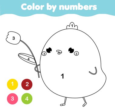 Çocuklar için boyama sayfası. Eğitici çocuklar oyunu. Rakamlara göre renk. Paskalya temalı aktivite. Sevimli tavuk.