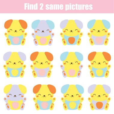 Çocuk eğitim oyunu. İki aynı resimleri bulun. Şirin köpek. Etkinlik eğlenceli sayfa küçük çocuklar ve bebekler için