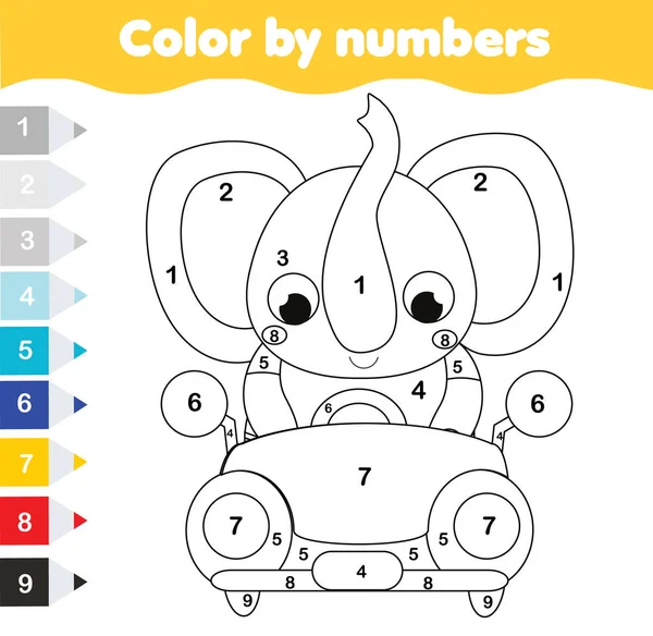 Coloring Page Kids Educational Children Game Color Numbers Cartoon Elephant — Stock Vector