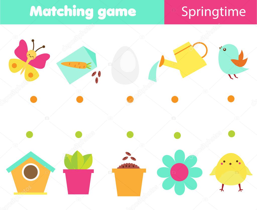 Children educational game. Logic matching game. Connect objects. Springtime theme activity for kids and toddlers. Early education sheet