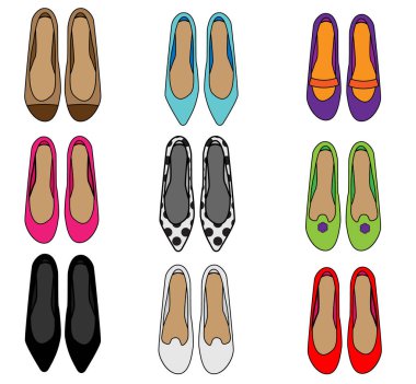Kadın Ayakkabı üstten görünüm. Kadın moda terlik ayarlayın. Vektör simgeler koleksiyonu.