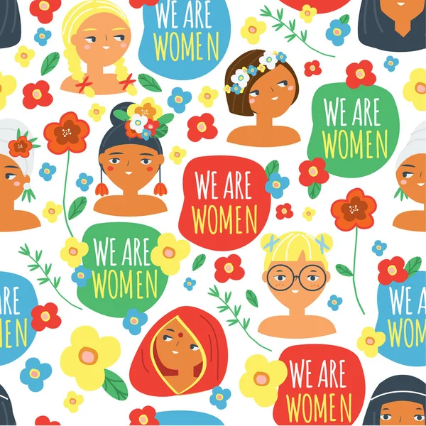 Kadın Yüzleri Sloganı Biz Kadın Farklı Milletlerden Kadınlar Çiçekler Ile — Stok Vektör