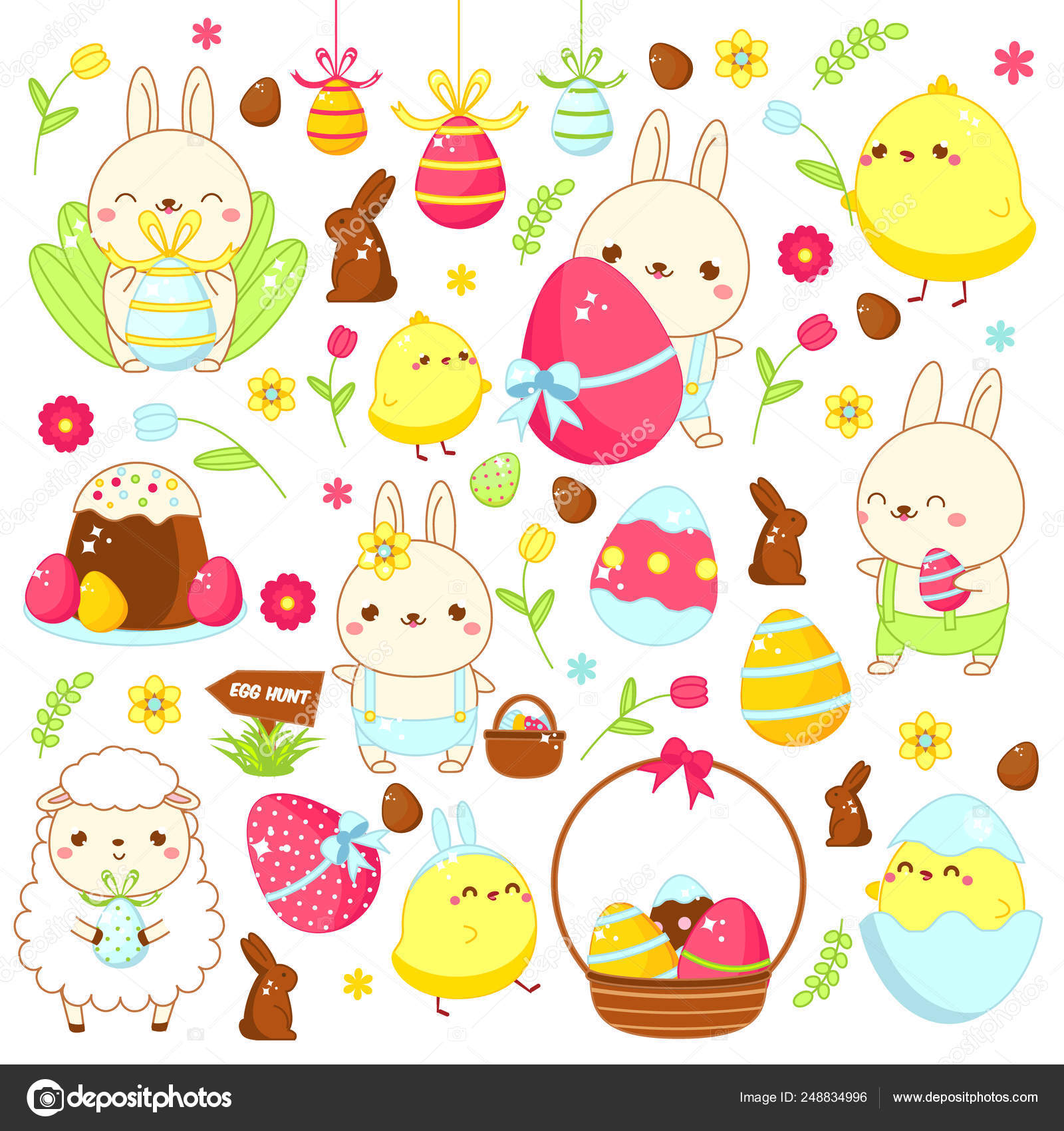 Easter stickers, icons. Cute bunny rabbit, lamb, chicken and other ...