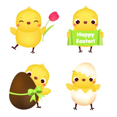 Easter chickens collection. Cute cartoon chiks with flowers, eggs and other traditional symbols for Easter celebration clipart