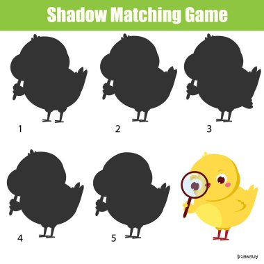 Eğitici çocuk oyunu. Gölge eşleştirme. Okul öncesi yaş için çocuk aktivitesi. Komik Karikatür tavuk