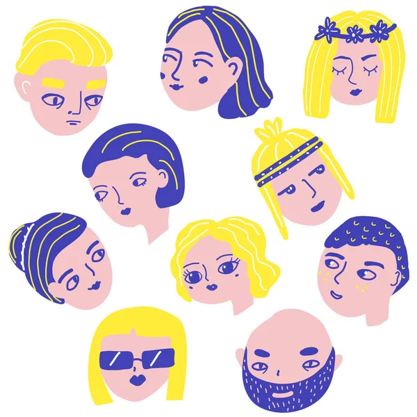 Doodle mensen gezichten. Man en vrouw avatars. Grappige mannelijke en vrouwelijke hoofden in eigenzinnige stijl. Lifestyle stickers, iconen — Stockvector