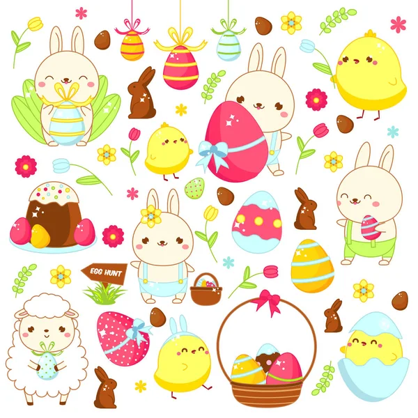 Pegatinas de Pascua, iconos. Lindo conejo conejo, cordero, pollo y otros símbolos navideños en estilo kawaii. Gran colección de elementos de vectores de dibujos animados para el diseño de Pascua — Vector de stock