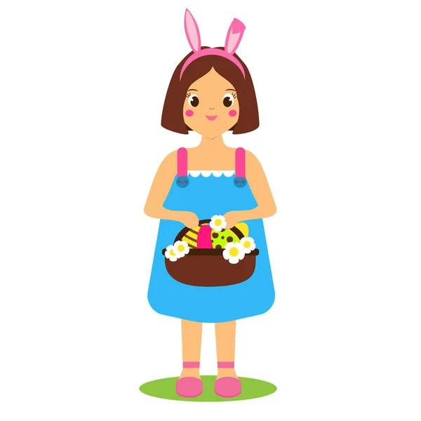 Paskalya yumurtaları sepet içinde tutan karikatür kız. tavşan kulakları kostüm mutlu çocuk — Stok Vektör