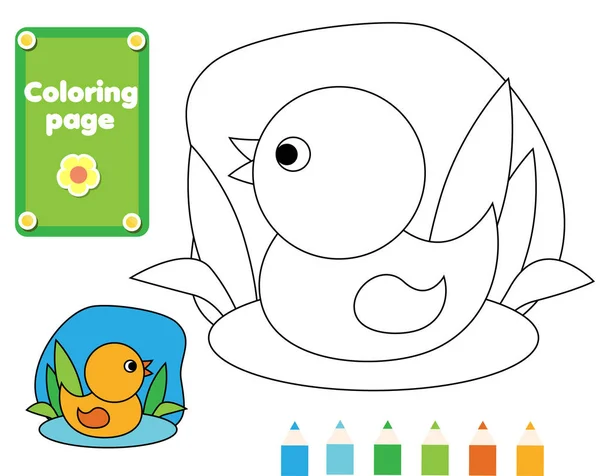 Coloring page for kids. Duck in water. Drawing game activity. Printable fun for toddlers and children. Animals theme — Stock Vector