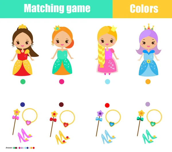 Jogo educativo de correspondência de crianças. Combinar por cor. Conecte princesa com objetos. Aprenda cores para crianças e crianças —  Vetores de Stock