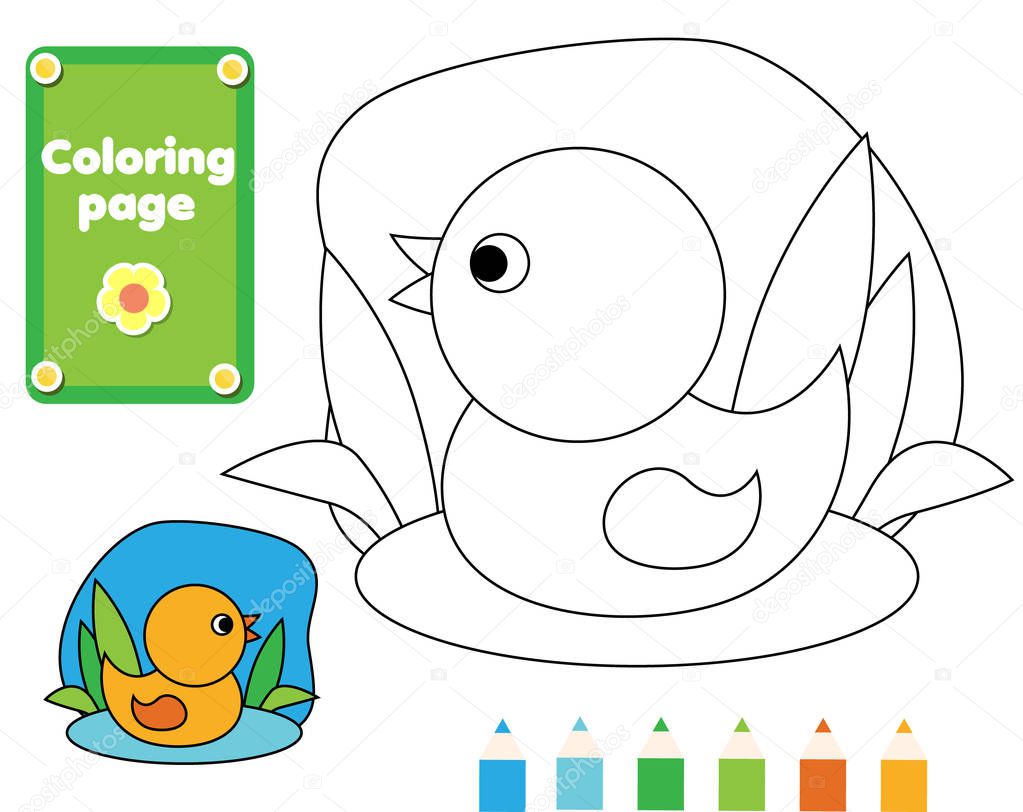 Coloring page for kids. Duck in water. Drawing game activity. Printable fun for toddlers and children. Animals theme