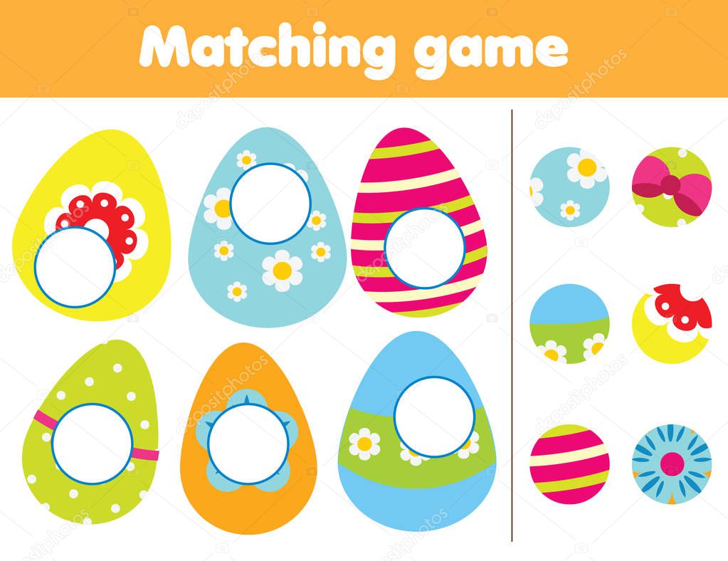 Matching children educational game. Find missing part of Easter eggs. Activity for kids and toddlers