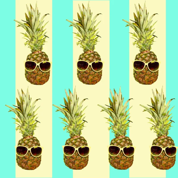 Funny Pineapples fruits in sunglasses pattern. Summer holidays and party theme background