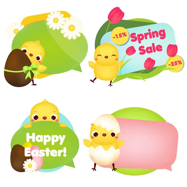 Colección de banners de Pascua. Lindos polluelos de dibujos animados con flores, huevos y otros símbolos para la venta de Pascua, celebración y otro diseño — Vector de stock