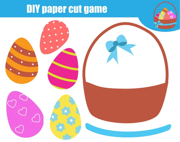 Niños creativos juego educativo. Actividad de corte de papel. Hacer huevos de Pascua con pegamento y tijeras — Vector de stock