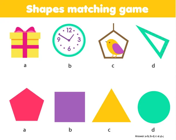 Educatief kinderen spel. Matching game werkblad voor kinderen. Overeenkomen met door vorm. Leer geometrische vormen en figuren — Stockvector