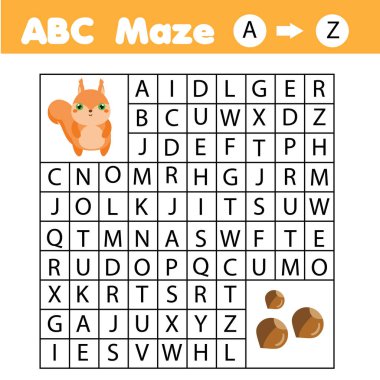 Maze oyunu çocuklar için. Labirentten git sincap yardım. Küçük bebekler ve çocuklar için eğlenceli sayfası. İngilizce alfabe öğrenin