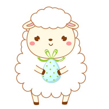 Yumurta ile sevimli Paskalya koyun. Kawaii tarzında karikatür kuzu karakteri. İzole küçük resim, Paskalya tasarımı için Sticker