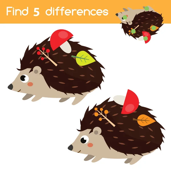 Find the differences. Educational children game. Activity for pre school years kids. Cartoon hedgehog — Stock Vector