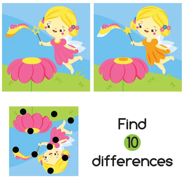 Find the differences. Educational children game. Activity for pre school years kids. Cute fairy fly — Stock Vector