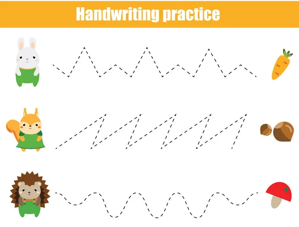 Hoja de práctica de escritura preescolar. Juego de niños educacionales. Hoja de trabajo imprimible para niños y niños pequeños. Líneas de trazado — Archivo Imágenes Vectoriales