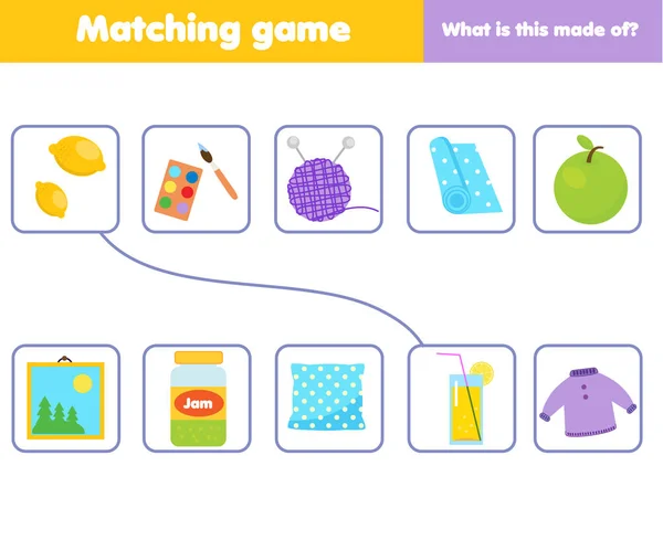 Bijpassende kinderen educatief spel. Match objecten en materiaal. Activiteit voor kinderen en peuters. — Stockvector