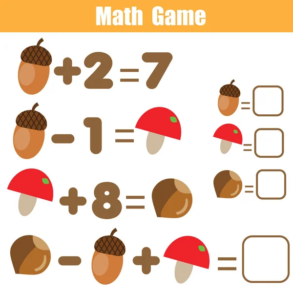 Contando juego de niños educativos. Actividad matemática para niños y niños pequeños. Resuelve la ecuación. Estudio matemático — Vector de stock