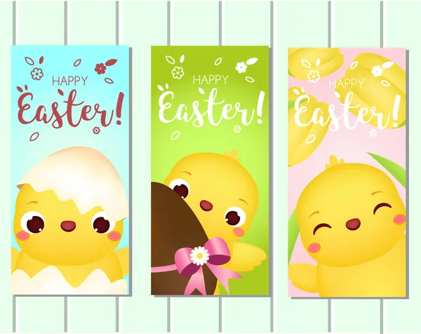 Feliz Pascua bandera vertical. Lindos pollos de dibujos animados con huevos y flores. Colección de plantillas para diseño estacional de primavera — Vector de stock
