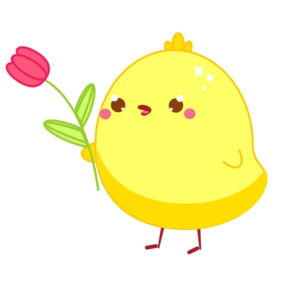 Cute chicken in kawaii style. Little baby chick with tulip flower. — Stock Vector