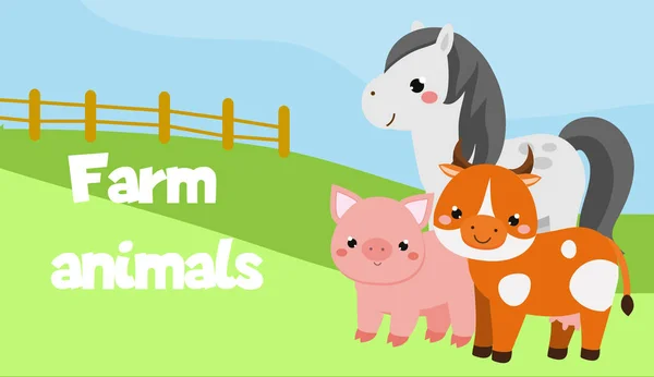 Банер фермерських тварин. Кінь, корова, свиня. персонажі мультяшних тварин — стоковий вектор
