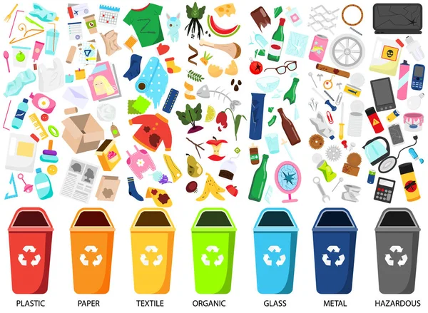 Mülltrennung. Große Sammlung von Müllarten. Bio-, Papier-, Metall-, Sonder-, Textil- und andere Abfallsymbole, Mülleimer Stockillustration