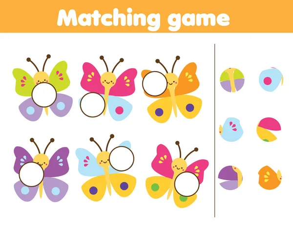 Juego educativo para niños que empareja. Coincide con partes de mariposas lindas. Actividad para niños y niños pequeños . — Vector de stock