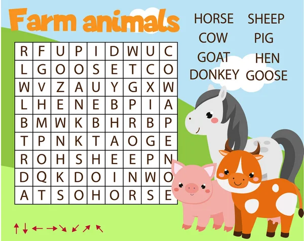 Jeu éducatif pour les enfants. Recherche de mots puzzle activité des enfants. Thème animaux de ferme. apprendre le vocabulaire pour les tout-petits — Image vectorielle