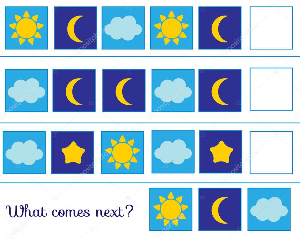 What comes next. Continue the row. Educational children game. Study logic for toddlers. Weather symbols