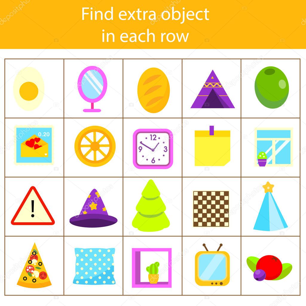 Educational children game. Logic game. What does not fit type. Find odd one, extra object fun page for kids and toddlers. Geometric shapes