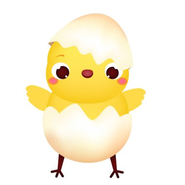 Yumurtalı çizgi film tavuğu. Tatlı Paskalya pilici karakteri. İzole vektör klipsi sanatı