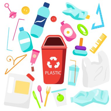 Atık ayıklama. Plastik çöp. Şişeler, pipetler ve diğer çöp simgeleri.