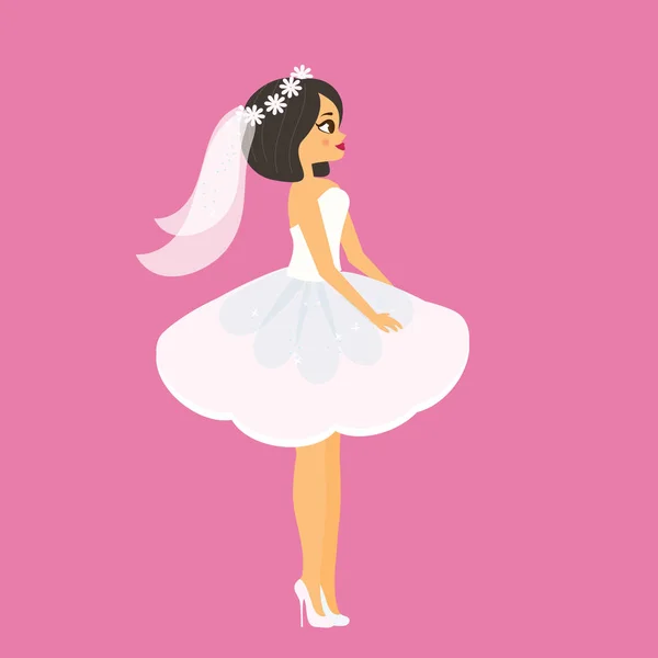 Novia de dibujos animados. Mujer feliz en vestido de novia corto de moda. Atractivas mujeres prometidas — Archivo Imágenes Vectoriales