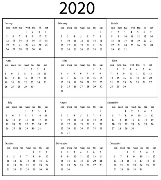 2020 カレンダー テンプレート。日曜日開始 — ストックベクタ