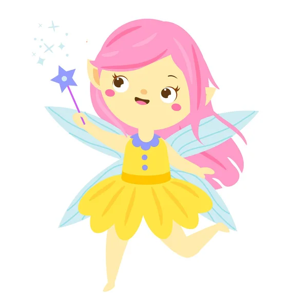 Lindo hada aleteando varita mágica. Dibujos animados princesita voladora, pixie, personaje elfo — Vector de stock