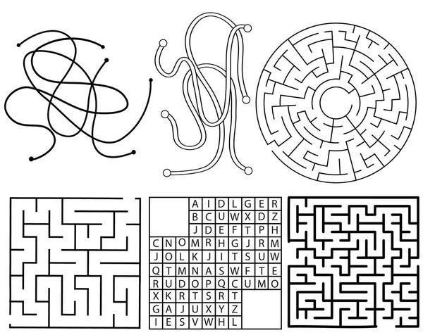 Modèle de labyrinthe vectoriel. Echantillon ABC, fil, cercle et labyrinthe carré — Image vectorielle